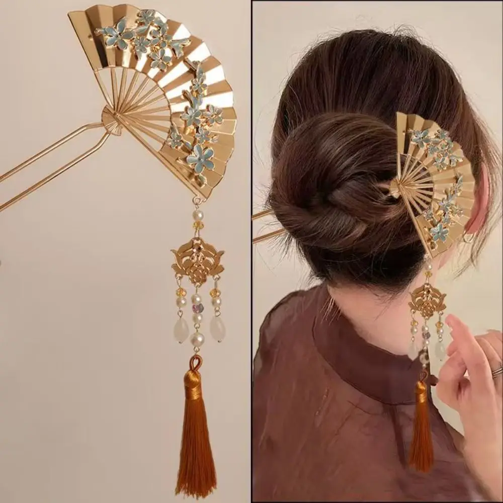 Fan Shape Tassel Hairpin Neo-Chinese Styl Pearl Accent Pearl Fringe Hairpin Fringe Tassel Alloy Bride Tiara Hairpin