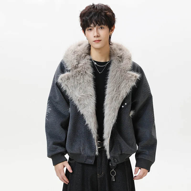 الشتاء الداخلية الفراء طوق مقنعين سترة الرجال الشارع الشهير خمر موضة فضفاضة عادية سميكة الدافئة قصيرة Bomber سترة صديقها معطف
