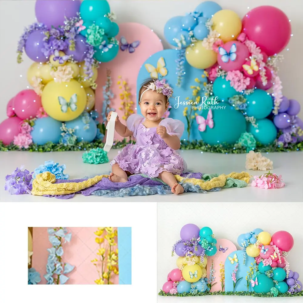 Rainbow Spring Balloons Backdrop Butterfly Floral Kids Baby Cake Smash Photography Props Child Adult Birthday Backgrounds