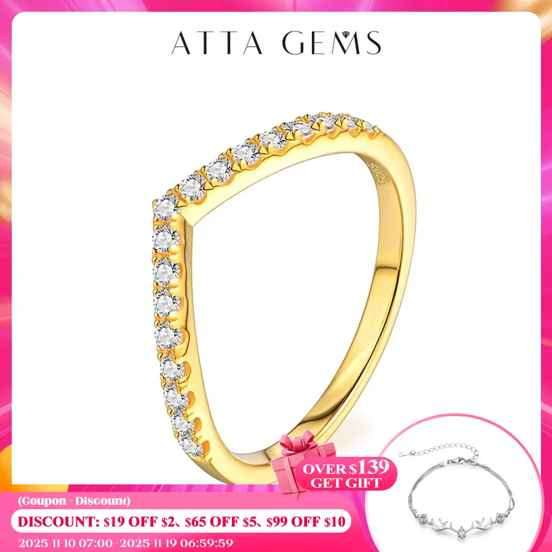 

ATTAGEMS Moissanite Diamond 18K Plated Rings Jewelry Moissanite Chevron Shared Prong Set Dainty Wedding Band with 1.5 MM Stones