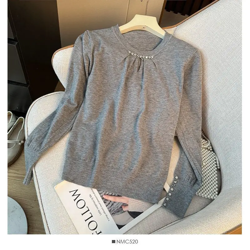 Hollow Round Neck Beaded Knitwear Sweater 2026autumn Winter New Coat Temperament Joker Pullover Fashion Slim Bottoming Shirt Top