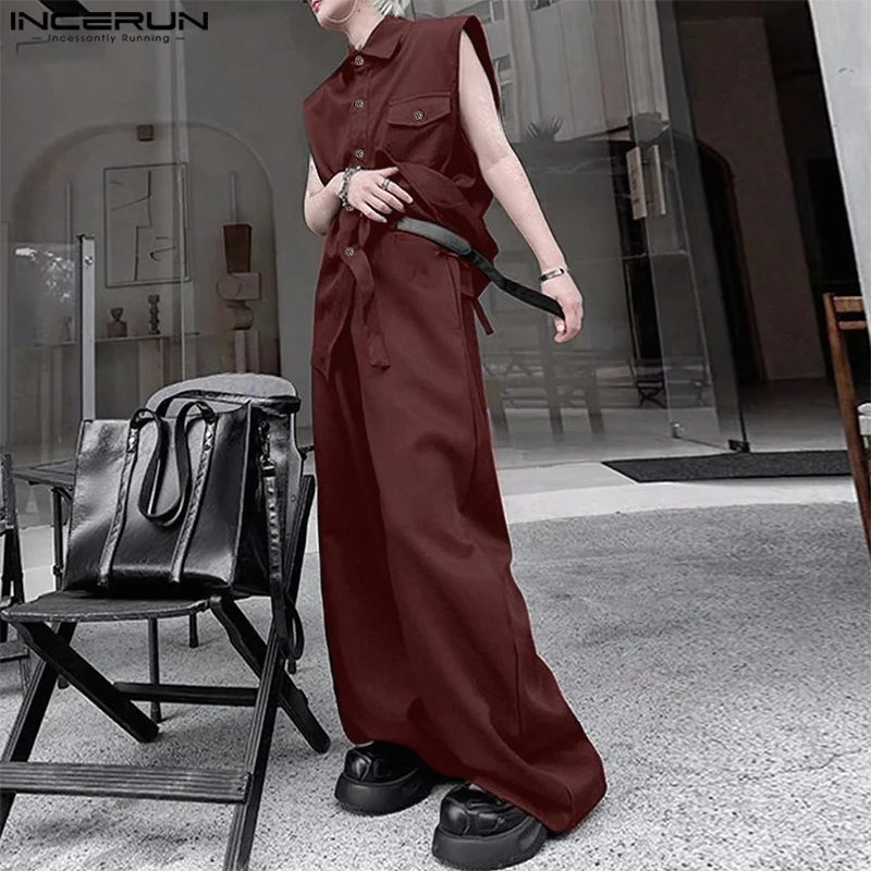 

INCERUN Men Sets Solid Color Lapel Sleeveless Shirt & Pants Two Pieces Sets Streetwear Loose Fashion Men's Casual Suits S-5XL