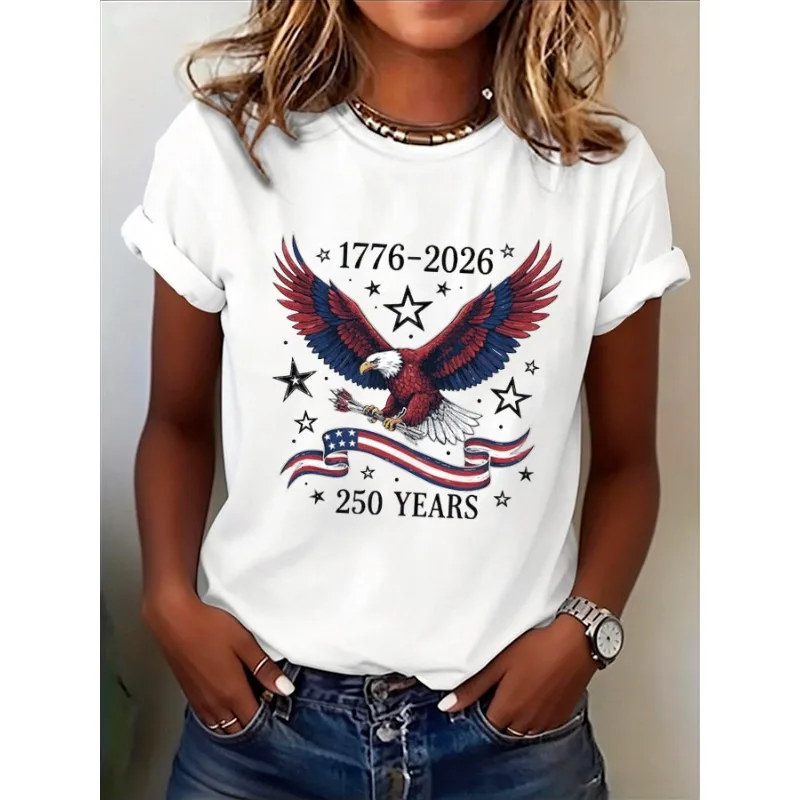 250 Years of Freedom 1776 Festival Women's Eagle Print T-Shirts Summer O Neck Tops Short Sleeve Casual Tees  Us Flag