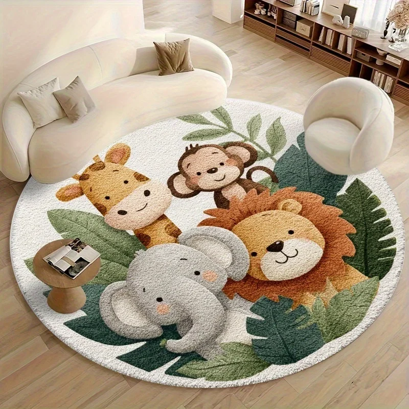 Cute Jungle Lion Elephant Giraffe Monkey Kids Round Rug Non Slip Soft Washable Circular Play Mat for Nursery Bedroom Home Decor