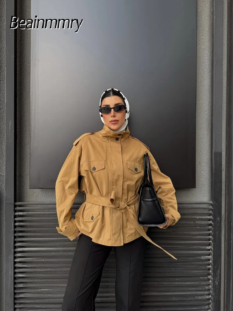 

Women Stand Collar Lace Up Trench Coat Fashion Chic Solid Single Breasted Pocket Loose Jacket Lady Autumn Daily Highstreet Coats