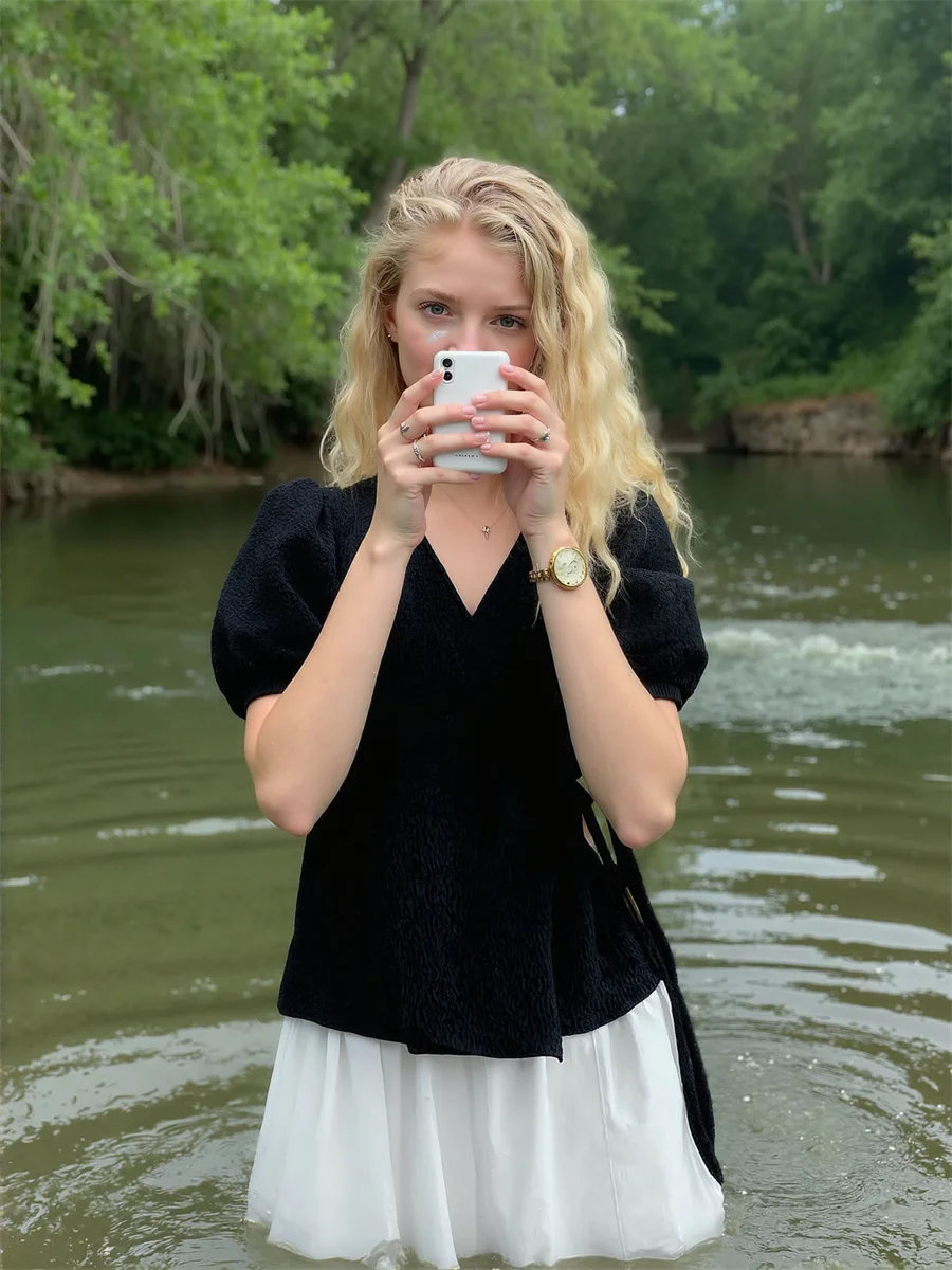 

Blouses For Work Woman Cotton Lace-up Puff Sleeve Korean Style Elegant Women'S Clothing 2025 Trend Summer Crochet Crossover Slim