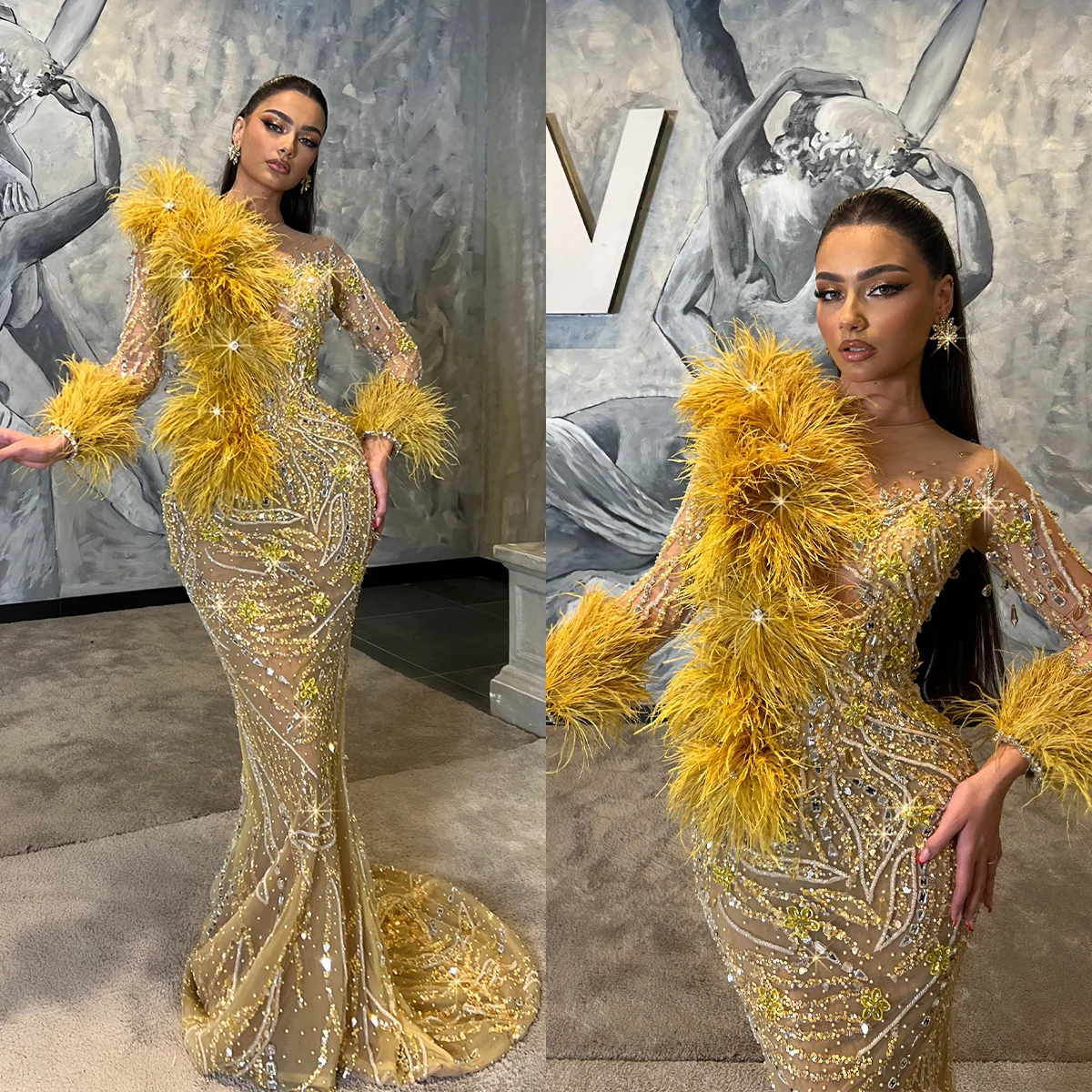 

Modern Feather Luxurious Prom Dresses Crystal Long Sleeve Beaded Evening Dress Custom Made Sequined Beaded Celebrity Party Gown