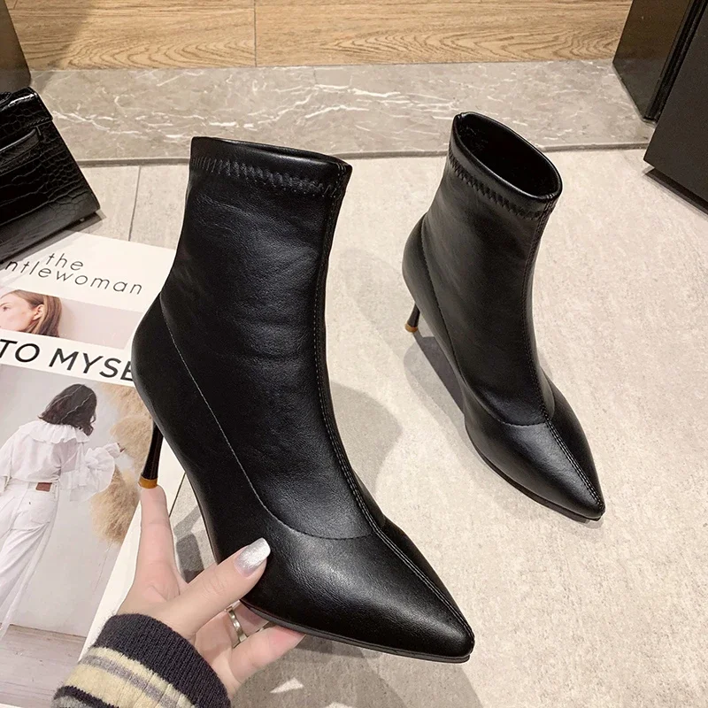 Botines de mujer a la moda, zapatos de punta estrecha de cuero sólido, Otoño Invierno, tacón alto, botas cortas ajustadas elásticas elegantes para mujer