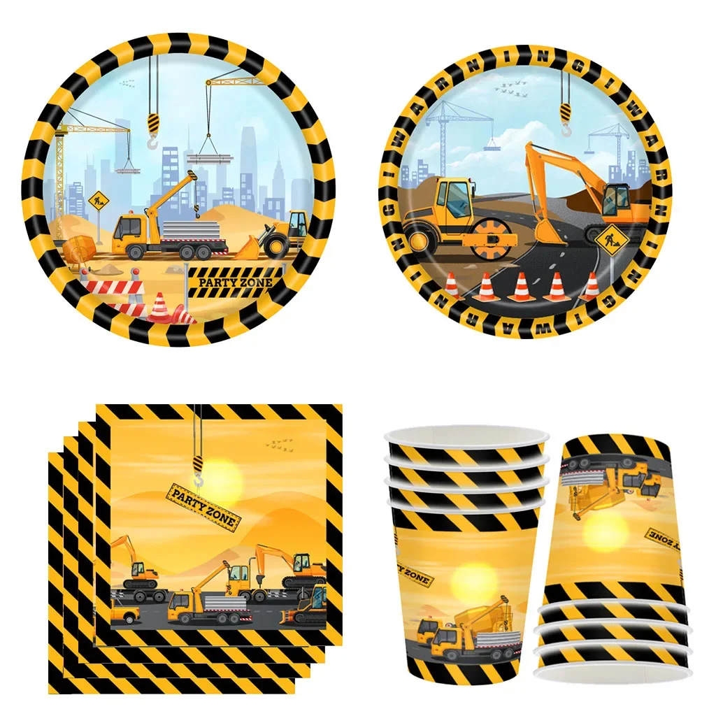 

8 Guests Engineering Vehicle Birthday Disposable Tableware Excavator Plates Cups Napkins Happy Boy's Birthday Party Supplies