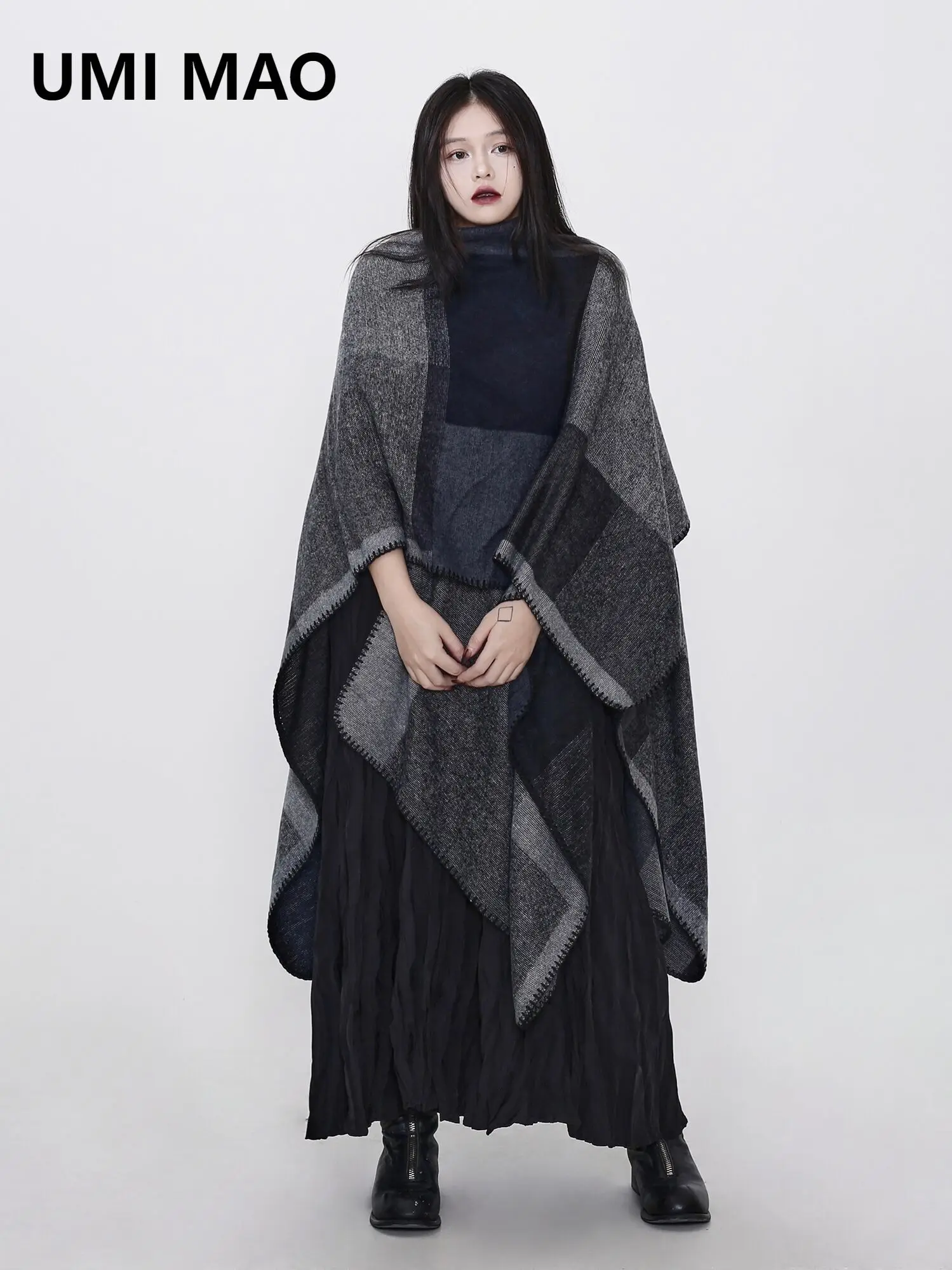 UMI MAO Nordic Style Woven Jacquard Autumn Imitation Cashmere Tie Dye Black Gray Double-sided Split Shawl Scarf Simple Cape