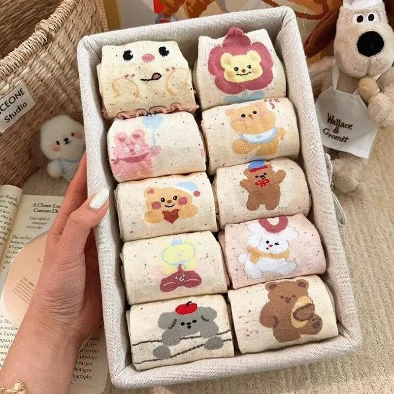 

10 пар милых двухслойных носков с изображением медвежонка и индивидуальных простых удобных впитывающих пот носков средней длины