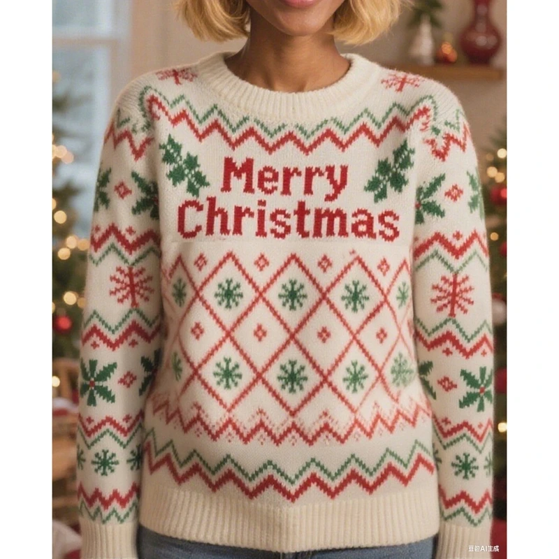 

Combhasaki Рождественские элементы с буквенным принтом вязаные свитера для женщин ребристый трикотаж с круглым вырезом и длинными рукавами пуловер джемпер топ