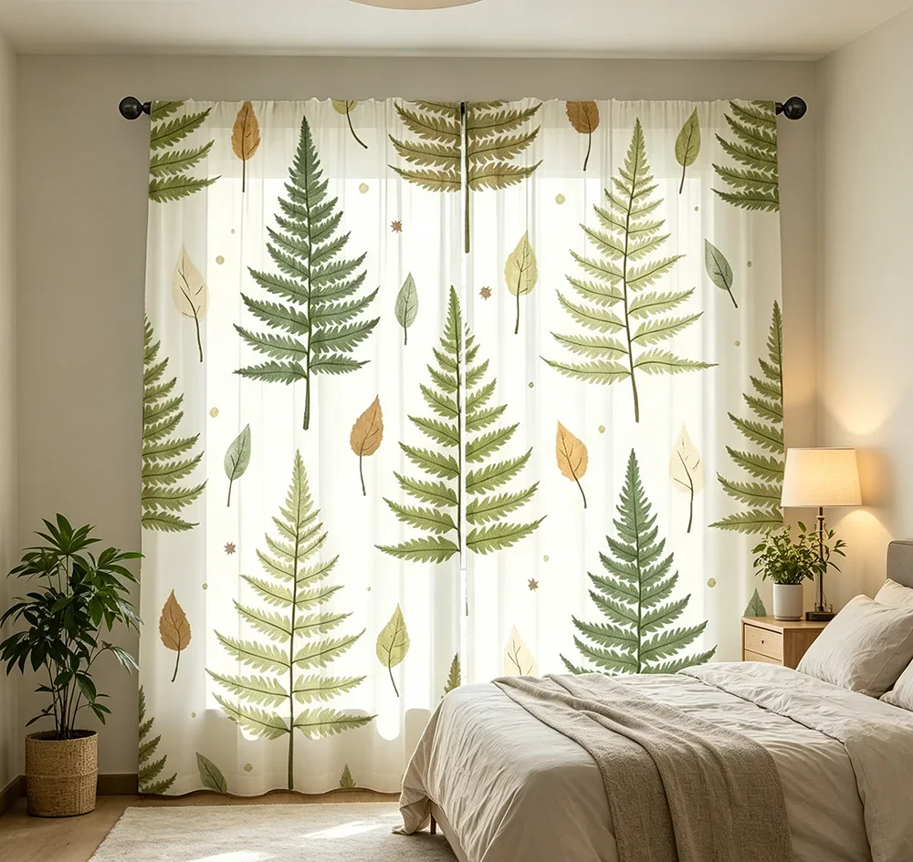 2PCS Digital Printed Curtains, Floating Fern Leaf Autumn Windblown Forest, Modern Home Decor Style for Living Room Bedroom Decor