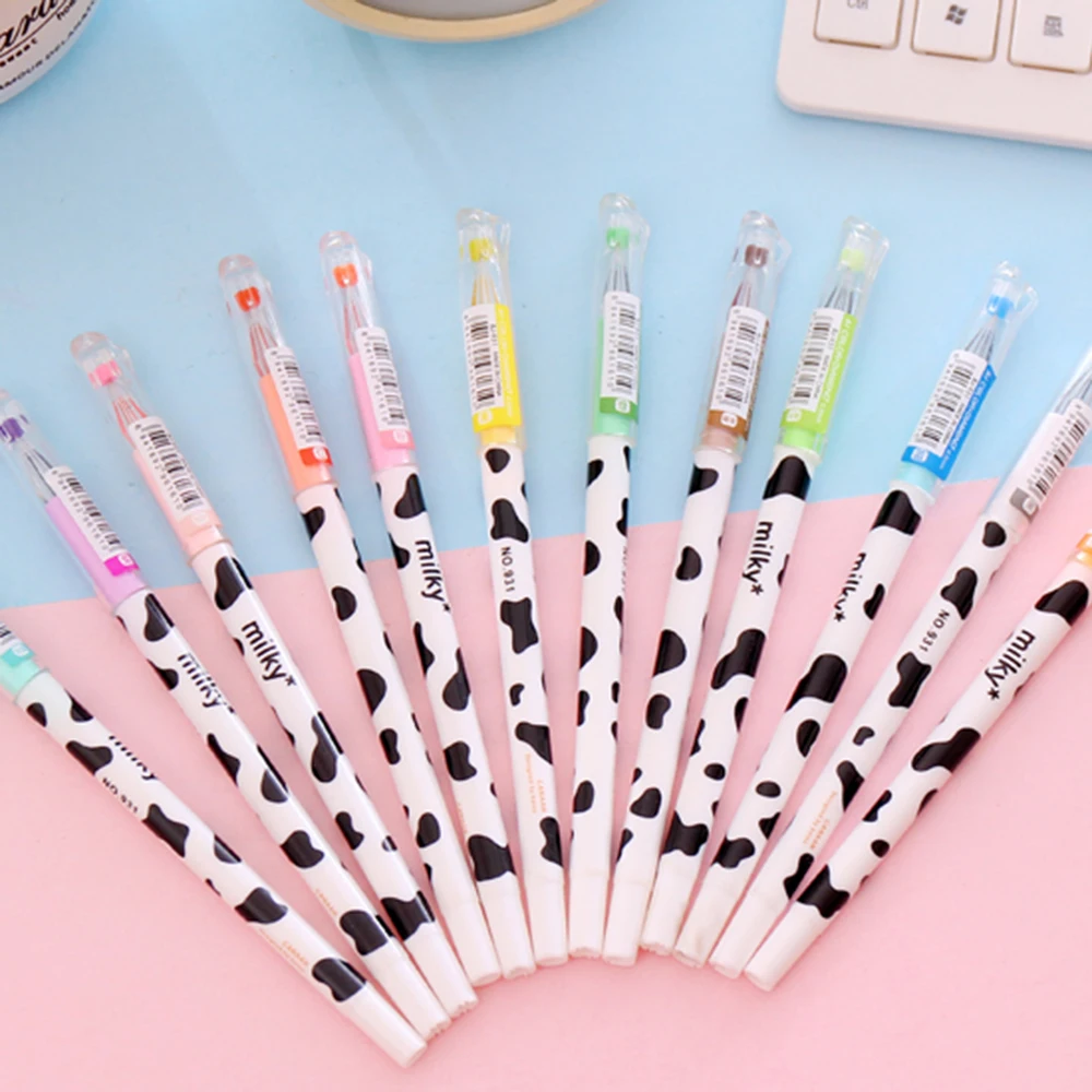 12 Pcs/lot Colorful Colors Gel Pen Cute Cow Pattern Marker Gel Pens Stationery Office Stationery For Student School Supplies