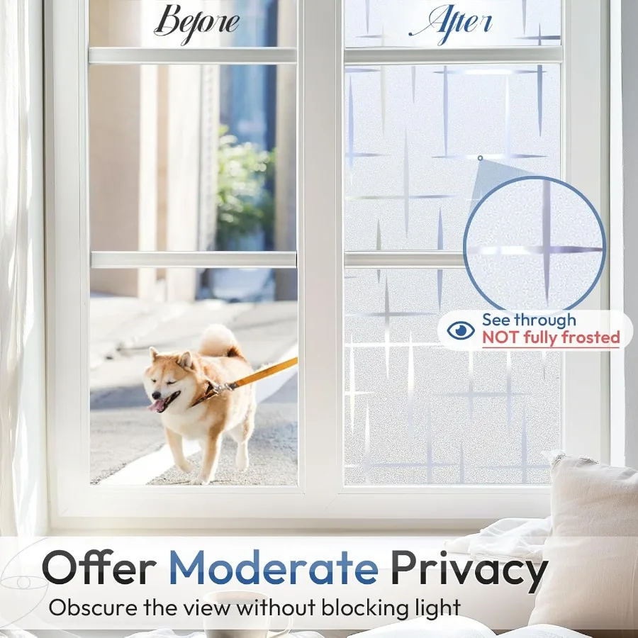 욕실 및 현관문용 장식용 비접착식 프라이버시 필름, 십자 패턴 반투명 유리 효과로 프라이버시 강화