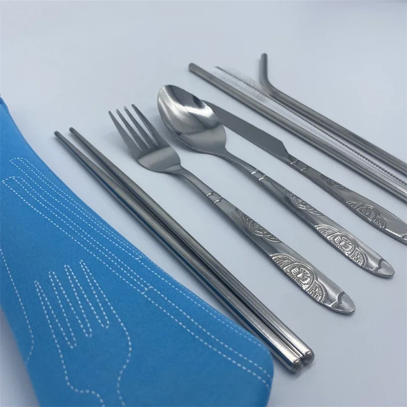 Stainless Steel Printed Tableware Set 3pcs/7pcs Spoon Fork Steak Knife Portable Travel Cutlery With Carry Bag Camping Supplies