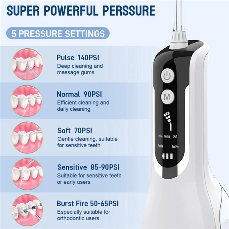 

Oral Irrigator USB Rechargeable Portable Dental Water Jet 330ML Water Tank Waterproof Teeth Cleaner White