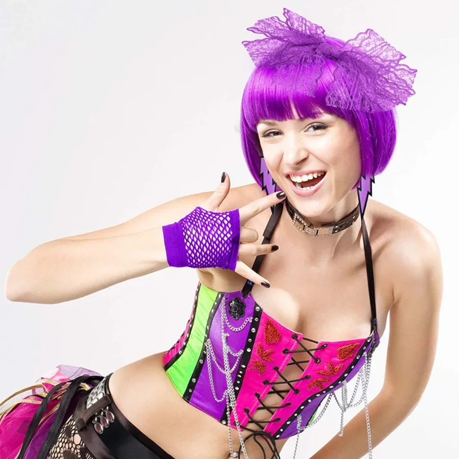 80 年代レトロパーティーハロウィンキッドガールアクセサリー女性レースヘッドバンドイヤリング網タイツ手袋ネックレスブレスレットジュエリーセットギフト