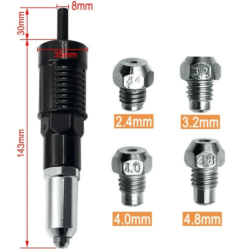 Professional Rivet Gun Adapter Kit with 4Pcs Different Matching Nozzle Bolts, Rivet Nut Gun Machine Riveter Insert Nut Tools