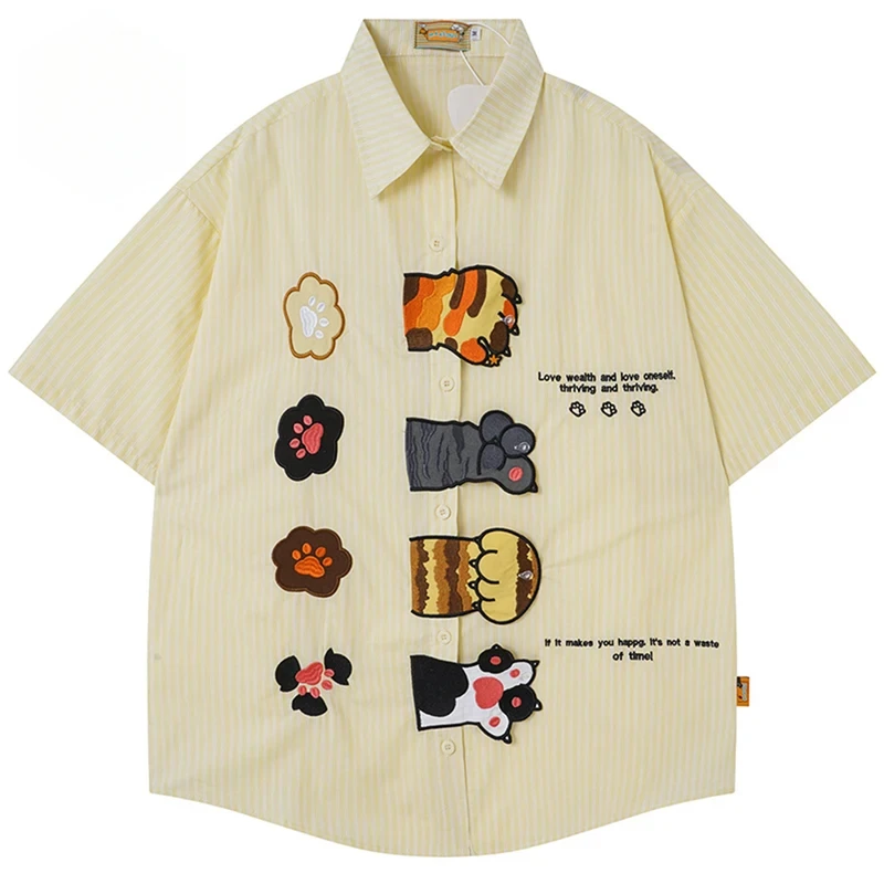 

Men Shirts Cat Graphic Button Up Blouse Summer Casual Loose Shirts Japanese Harajuku Shirts