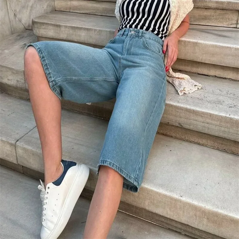 2024 Vintage Casual Mid-length Jeans Women Summer Straight Seven-quarter Pants Female Trend Streetwear Washed Denim Mid Trousers