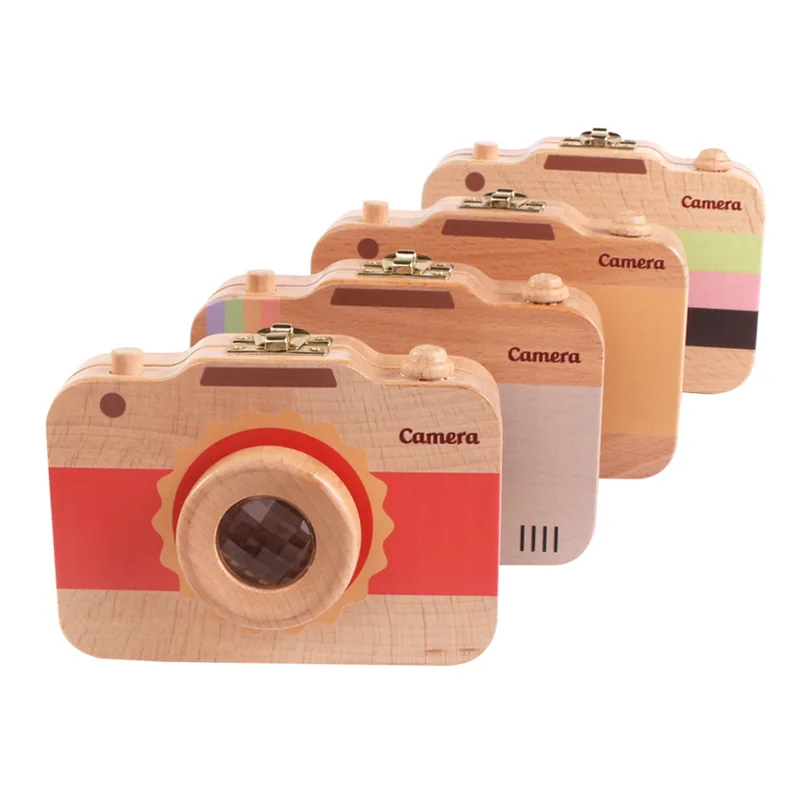 Fotocamera in legno scatola portaoggetti per la conservazione dei denti del bambino fotocamera colorata protezione della casa dei denti scatola del