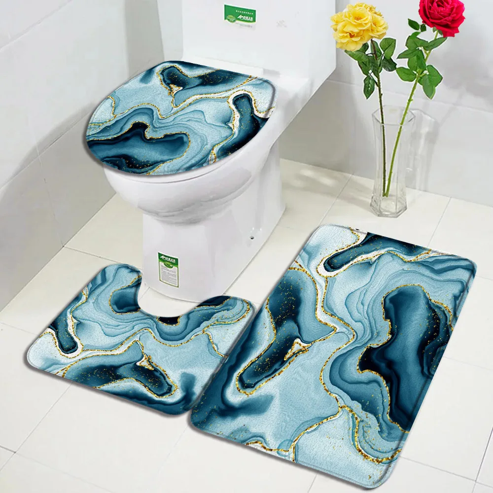 Abstract Geometric Bath Mat Set Green Marble Gold Lines Textures Art Home Floor Carpet Bathroom Decor Non-Slip Rugs Toilet Cover