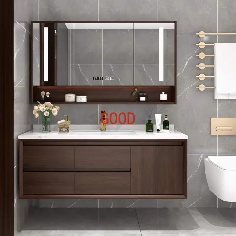 Oak Bathroom Cabinets Ceramic Washbasin Retro Mirror Cabinet Solid Wood Bathroom Vanity Cabinet with Sink Bathroom Furniture