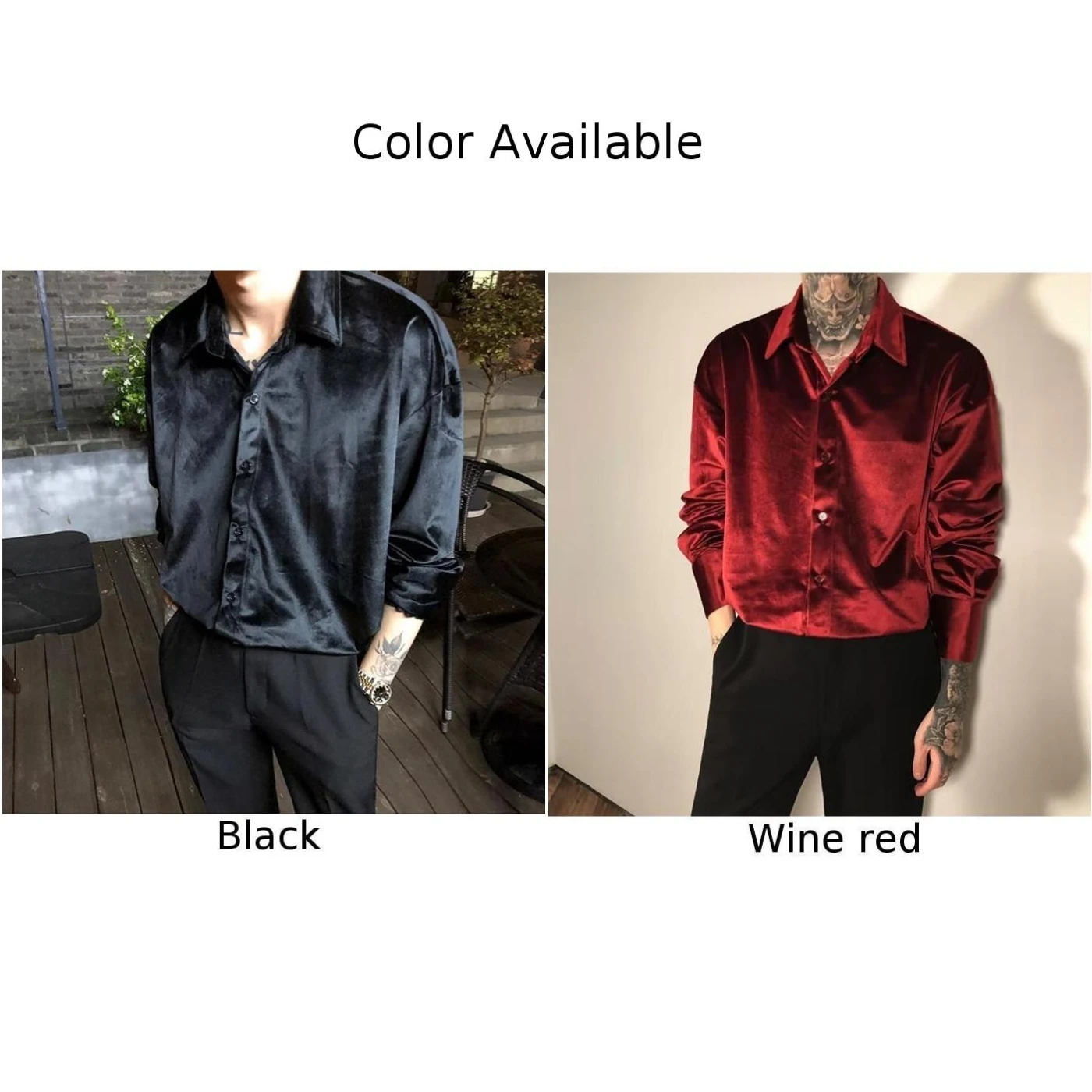 Camicetta a maniche lunghe in velluto di ispirazione Vintage da uomo vestibilità ampia camicia abbottonata colletto a fascia nero/rosso vino vestito per le feste