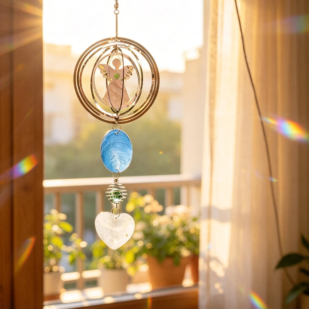 Engel-Metall-Windspinner mit Glaskugel, Naturmuschel und Herzanhänger für Fenster, Garten, Terrasse, Balkon, Hängedekoration, Heimdekoration, Gedenkgeschenk – Detail 5