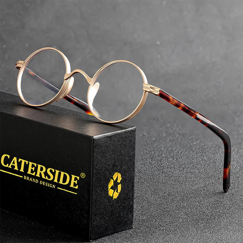 CATERSIDE Retro Round Small Eyeglass Men Metal Frame Acetate Temple Anti Blue Light Women's Glasses Fashion Business Punk Style