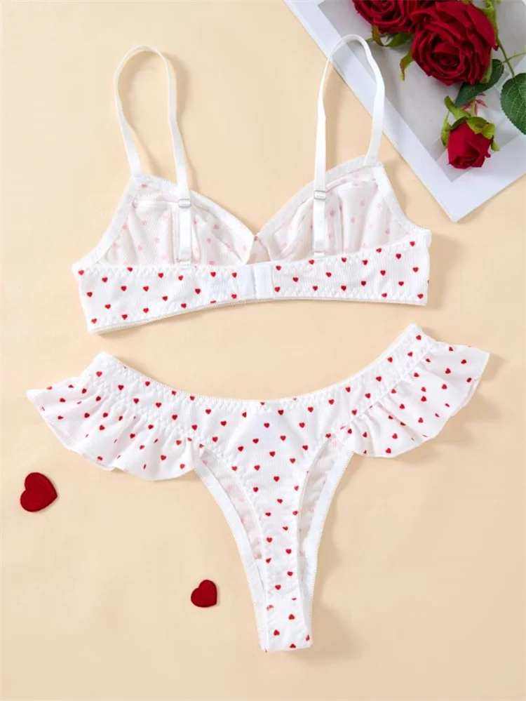 Fairy Lingerie Set Heart Print Sexy Lingerie French Thin Stripe Women Underwear Comfortable Sexy Push Up Bra Intimate Erotic Set