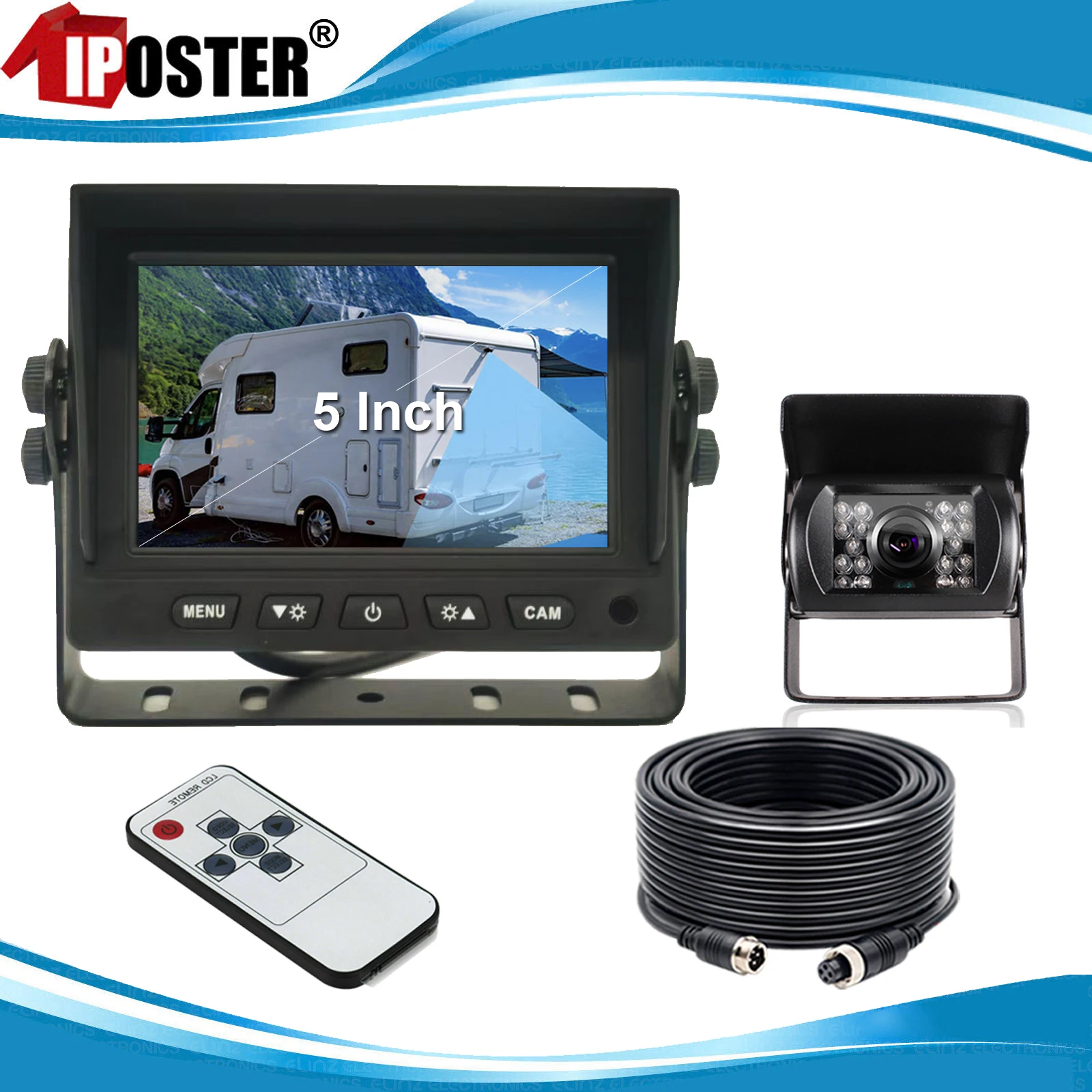 

iPoster 5 Inch LCD Screen Car Monitor Metal Connector+4PIN CCD Color Rear View Reversing Camera 12-24v For Caravan Van Rv