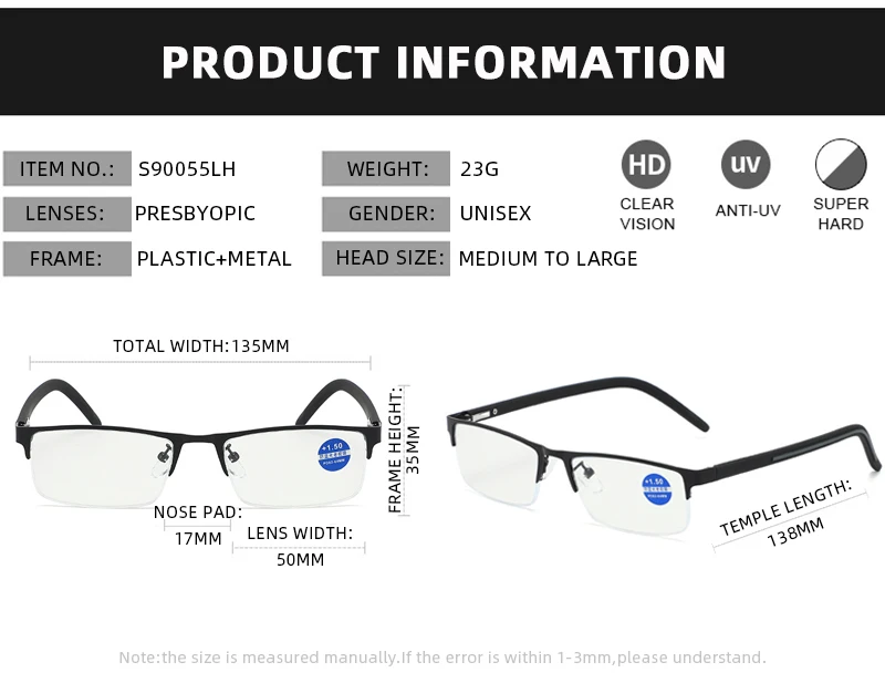Klassische Halbrahmen Lesebrille Männer Frauen Mode Rechteck Presbyopie Brillen Business Hyperopie Anti Blaues Licht Gläser – Detail 7
