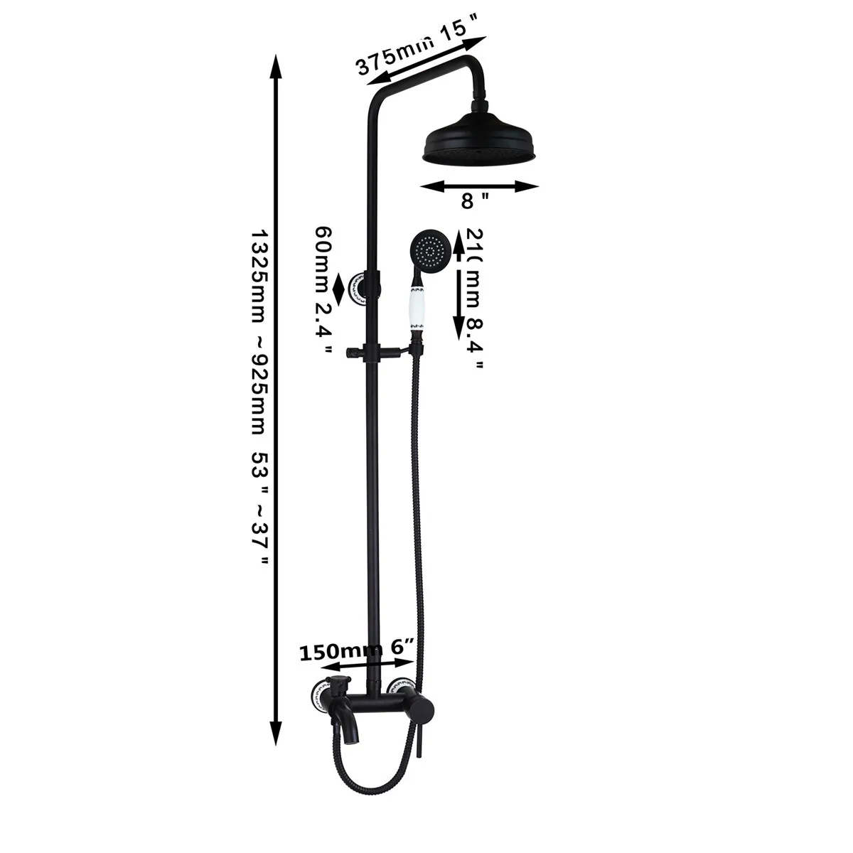 JIENI 8 Inch Rain Shower Head Black ORB Valve Hand Spray Hose Bathtub Basin Sink Shower Set Torneira Tap Mixer Faucet