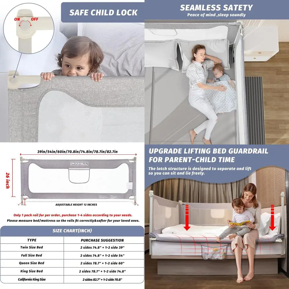 

Поручни для детской кровати, улучшенное основание U-образной формы, подходит для Queen, King, Full, двуспальные кровати, серые, 39 односторонних
