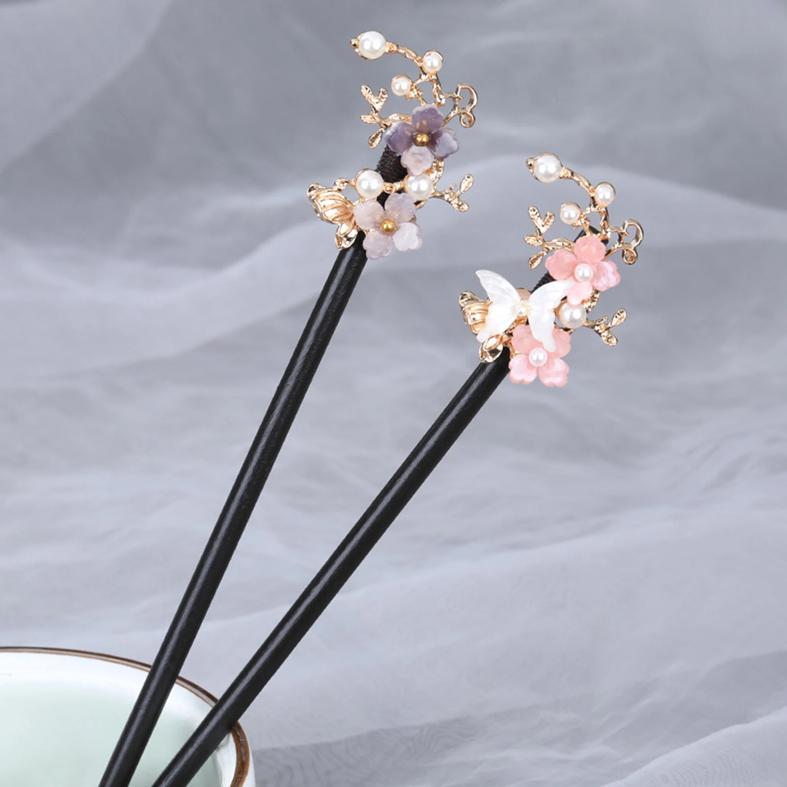 Glaze Flower Wooden Hair Stick Chopstick Chinese Style Butterfly Hairpin Vintage Pearl Hanfu Cheongsam Decor Updo Hair Clasp