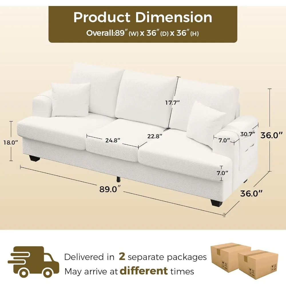 89 inch Couches for Living Room, Modern Couch with Deep Seat, Home Sofa Living Room, 3 Seater Couch with Firm Structure, Com