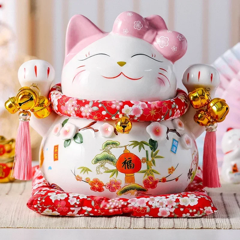 Ceramic Maneki Neko Lucky Cat Statue Piggy Bank Pink Fortune Money Box Auspicious Fengshui Ornament Home Decoration