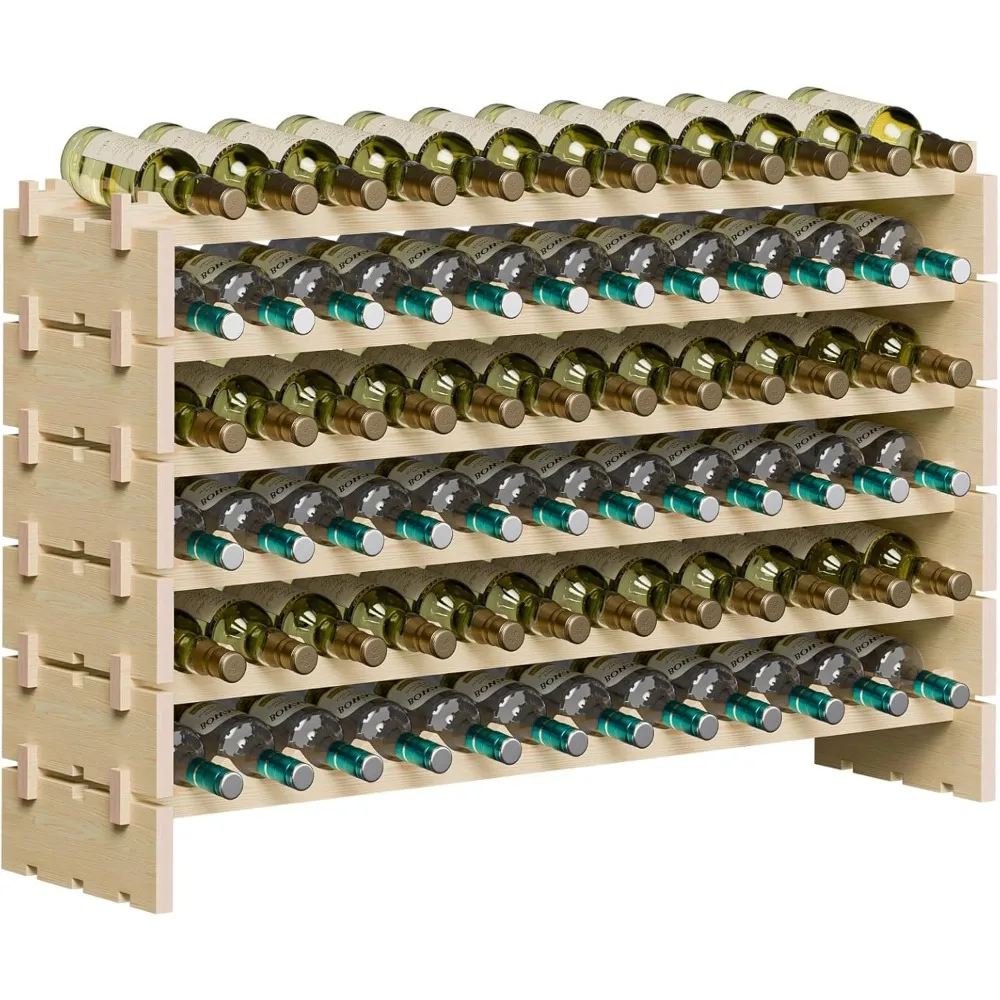 

72 Bottles Stackable Modular Wine Rack, 6-Tier 72 Slots Floor Wine Storage Stand Wooden Wine Holder Display Shelves, Wobble-Fre