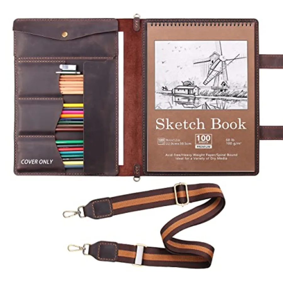 

Обложка для скетчбука Robrasim ручной работы из кожи, держатель для альбома для рисования 9x12 с верхним спиральным переплетом, для карандашей
