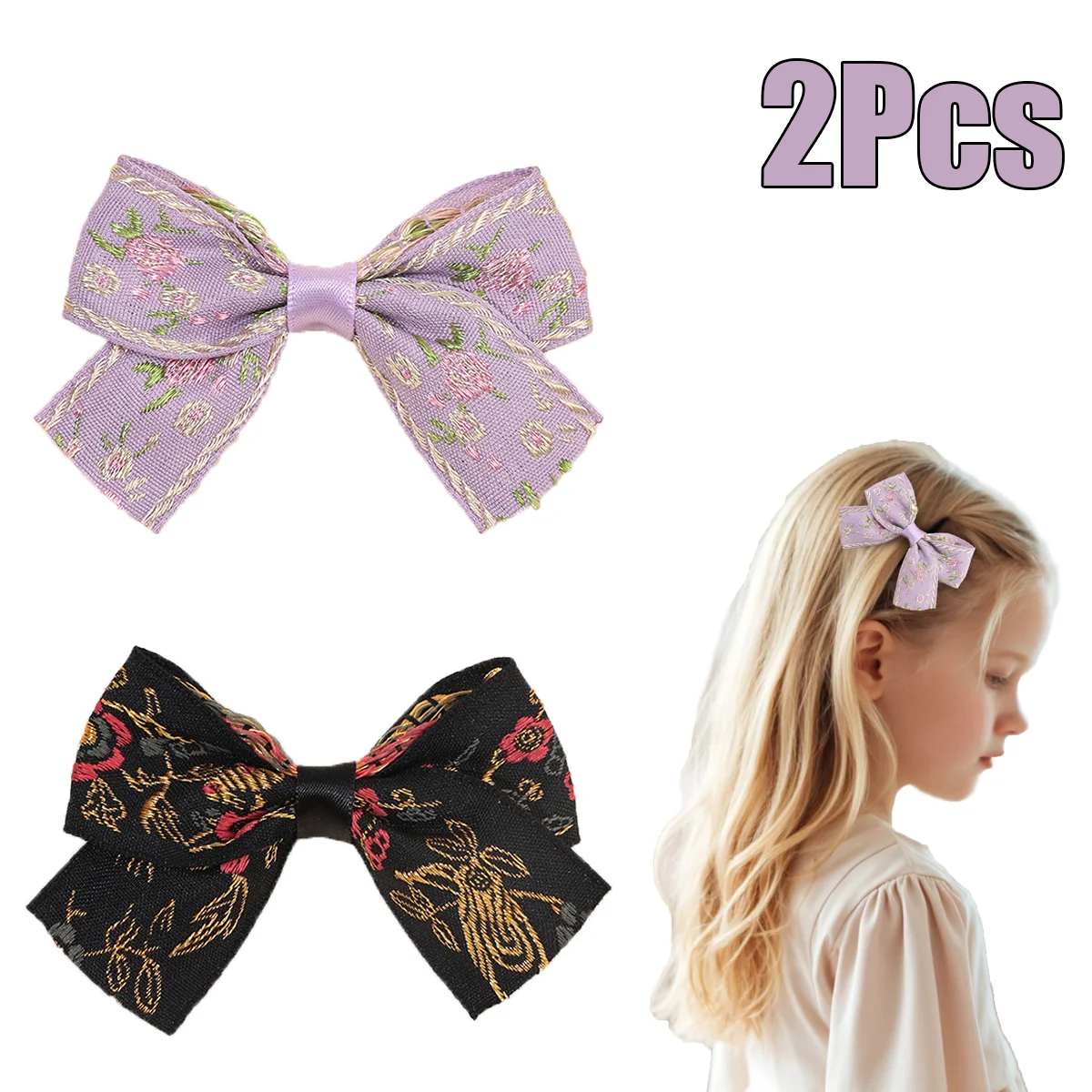 2Pcs Flower Embroidery Hair Clips Handmade Vintage Ribbon Floral Hairpins For Girls Children's School Headwear Hair Accessories