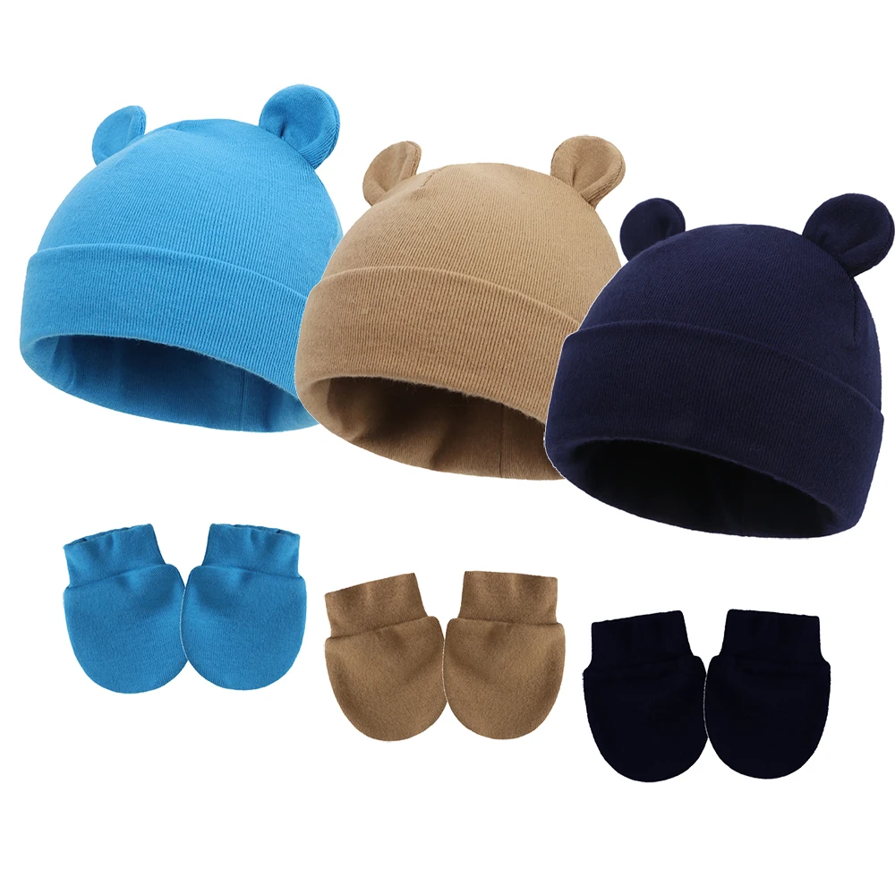 Two Piece Set of Newborn Gloves and Hats, baby Warm Cashmere Thick Fetal Cap, Teddy Bear baby Gloves Set, Children's Hat