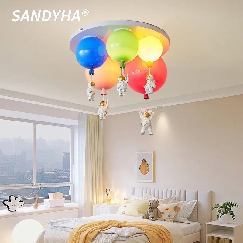 Modern Cartoon Astronaut Ceiling Light Colorful Balloon Hanging Chandelier Decor Bedroom Children's Room Study Led Pendant Lamp