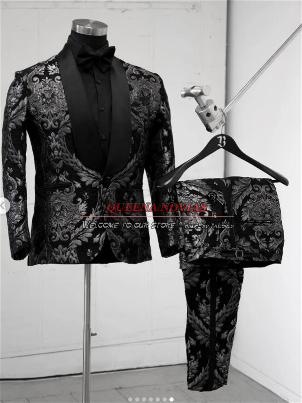 Vintage Wedding Suits For Men Slim Fit Black Peaked Lapel Jacquard Groom Tuxedos Custom Made 2 Pieces Jacket Pants Prom Blazers