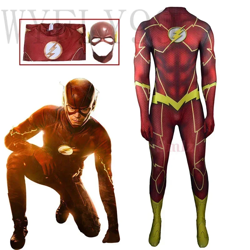 Barry Allen-mono de Cosplay, máscara, disfraz Flash, mono para adulto, uniforme, medias y máscara de la serie de televisión, disfraces de Carnaval de Halloween