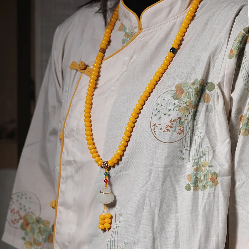 108 Beads Chicken Oil Yellow Bodhi Root Bracelet Abacus Bead Necklace with Sachet Multi Wrap Bodhi Bracelet Jewelry Gifts