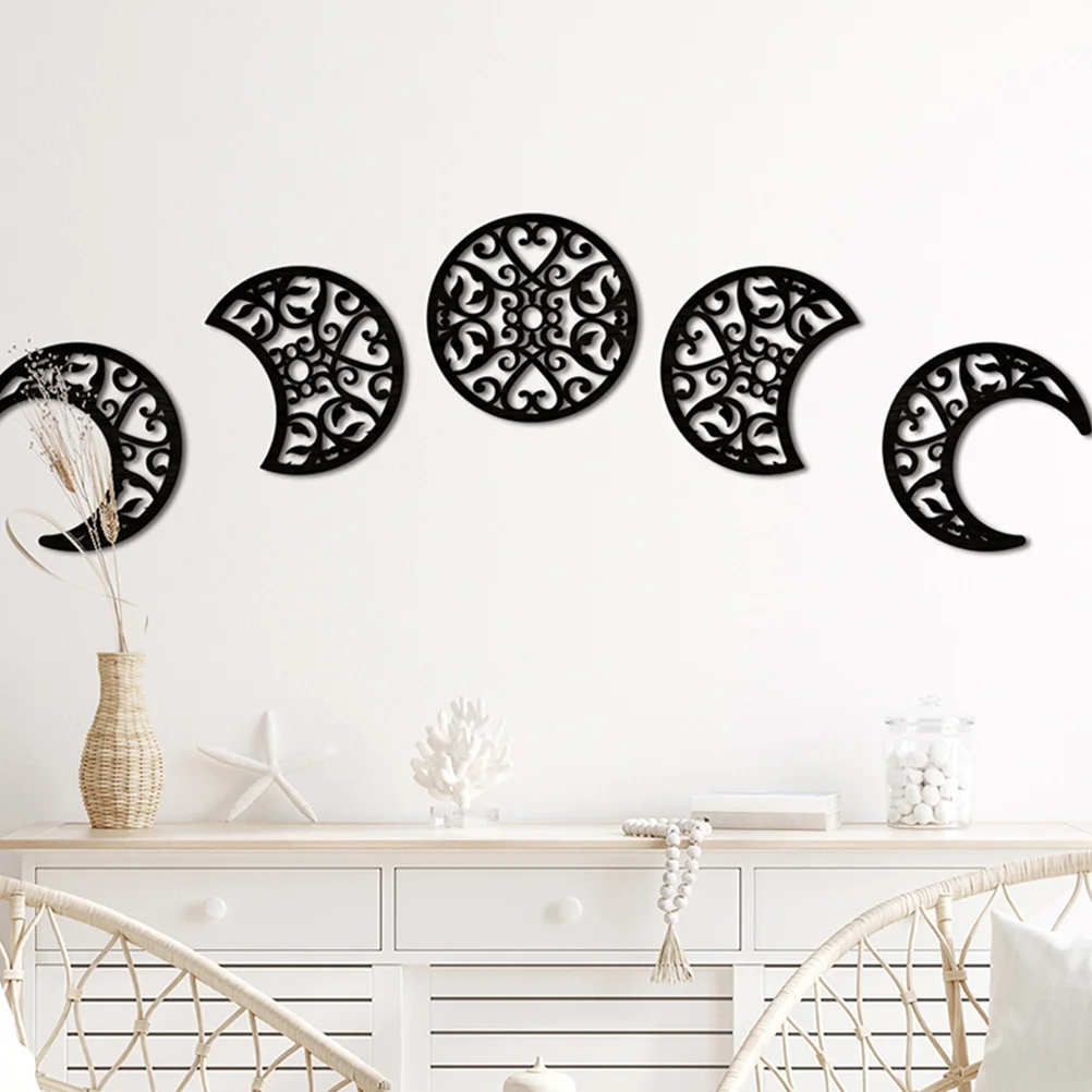 5 Pcs Boho Decor Moon Phase Wood Chip Decoration Home Household Wall Hanging Wooden Beige