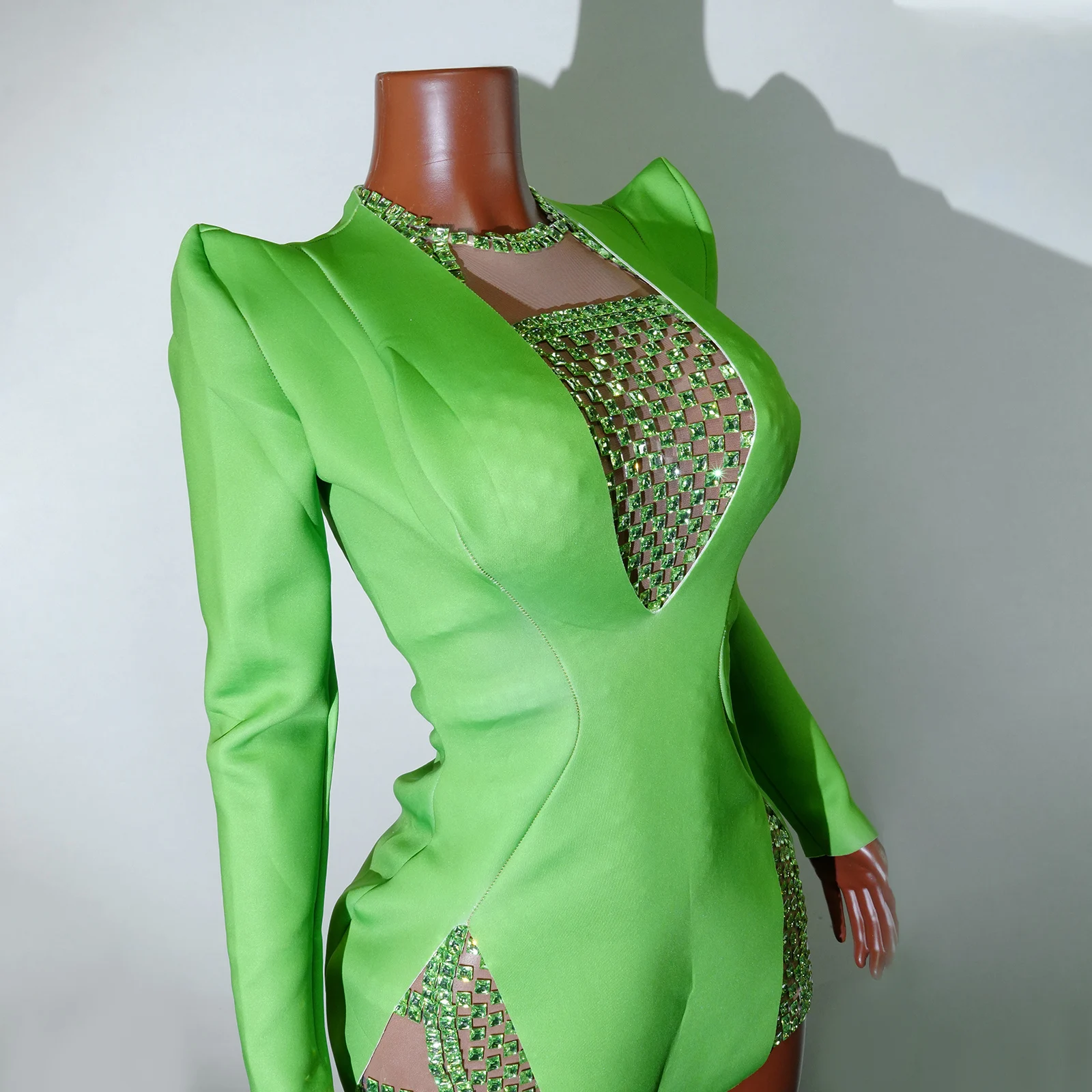 New Shiny Rhinestone Green Short Dress 2Pcs Set Skirt Mini Club Celebrity Runway Party  Birthday Prom Stage Show Queen Outfit