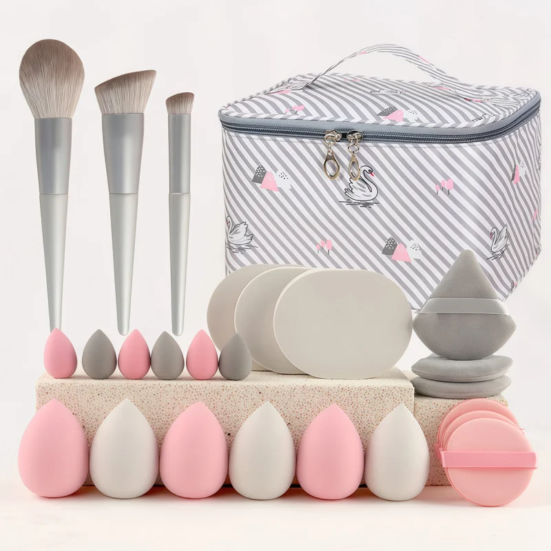 

25Beauty Tools Makeup Brush Powder Puff with Makeup Bag Silver Gray Beauty Set Combination